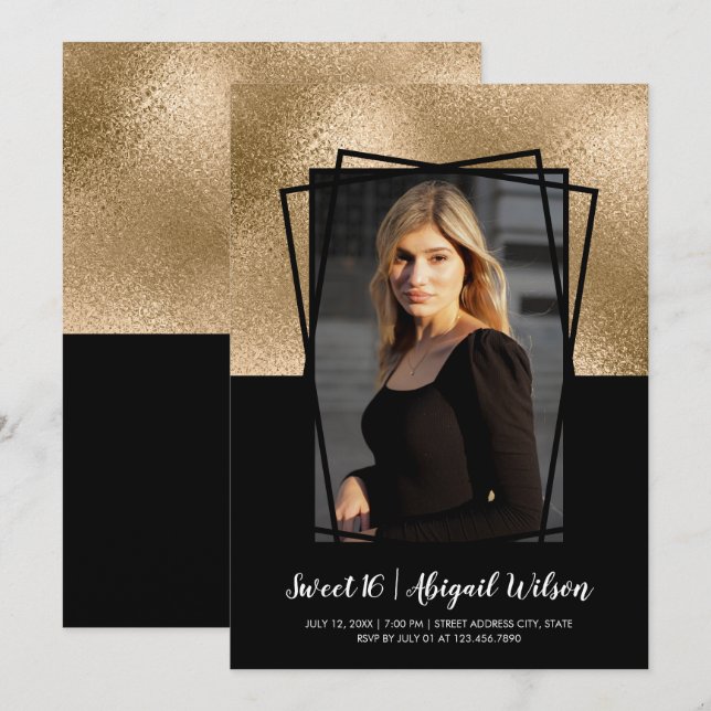 Elegant stylish gold black sweet sixteen birthday invitation (Front/Back)