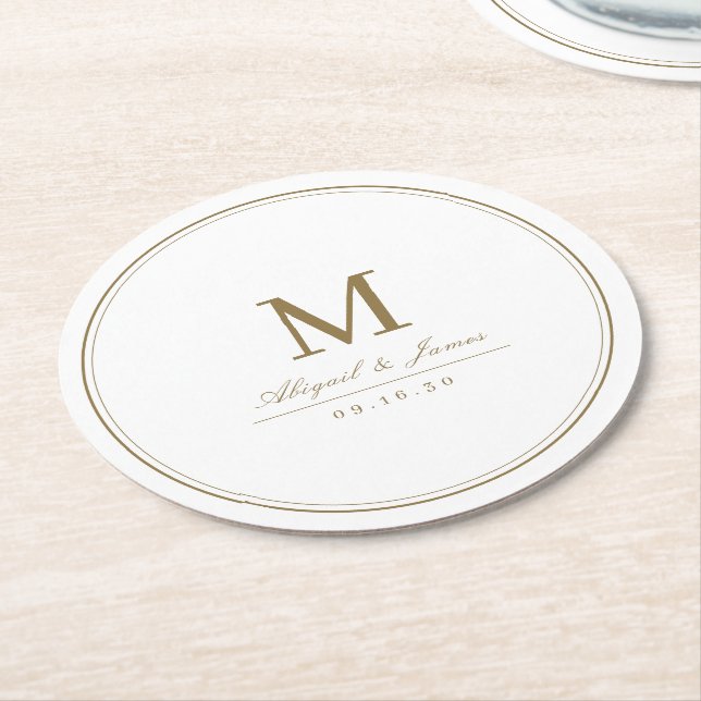 Elegant stylish gold classy minimalist monogram round paper coaster (Angled)