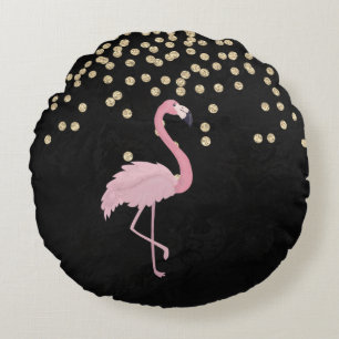 Elegant Stylish Gold Diamonds Pink Flamingos Round Cushion