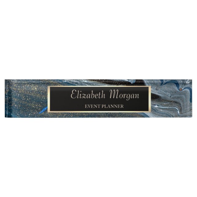 Elegant Stylish Gold Frame,Blue Marble  Nameplate (Front)