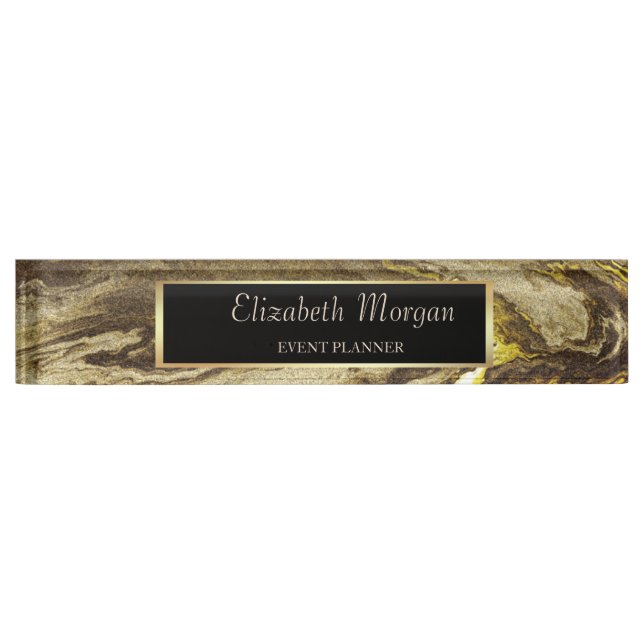 Elegant Stylish Gold Frame, Brown Marble Nameplate (Front)