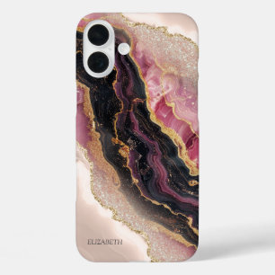 Elegant Stylish Gold Glitter Black Burgundy Marble iPhone 16 Plus Case