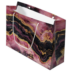 Elegant Stylish Gold Glitter Black Burgundy Marble Large Gift Bag