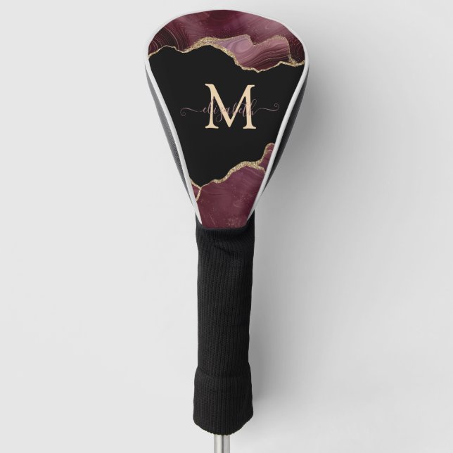 Elegant Stylish Gold Glitter Burgundy Agate   Golf Head Cover (Front)