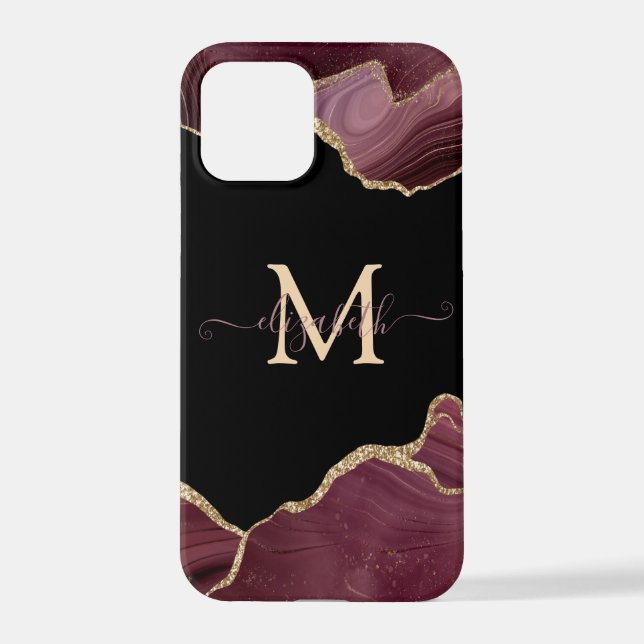 Elegant Stylish Gold Glitter Burgundy Agate  iPhone Case (Back)
