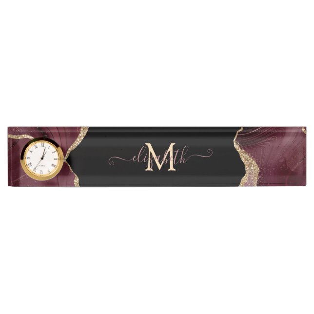 Elegant Stylish Gold Glitter Burgundy Agate  Nameplate (Front)