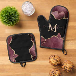 Elegant Stylish Gold Glitter Burgundy Agate   Oven Mitt & Pot Holder Set