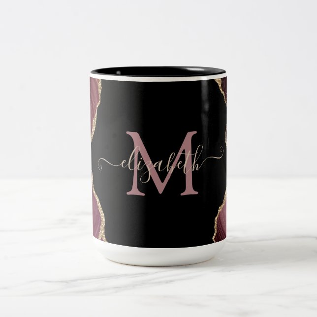Elegant Stylish Gold Glitter Burgundy Agate  Two-Tone Coffee Mug (Center)