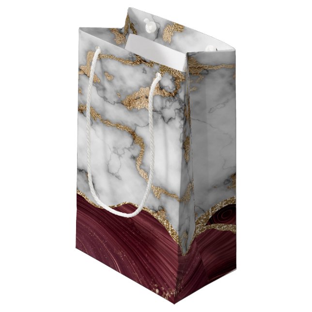 Elegant Stylish Gold Glitter Burgundy Marble Small Gift Bag (Front Angled)