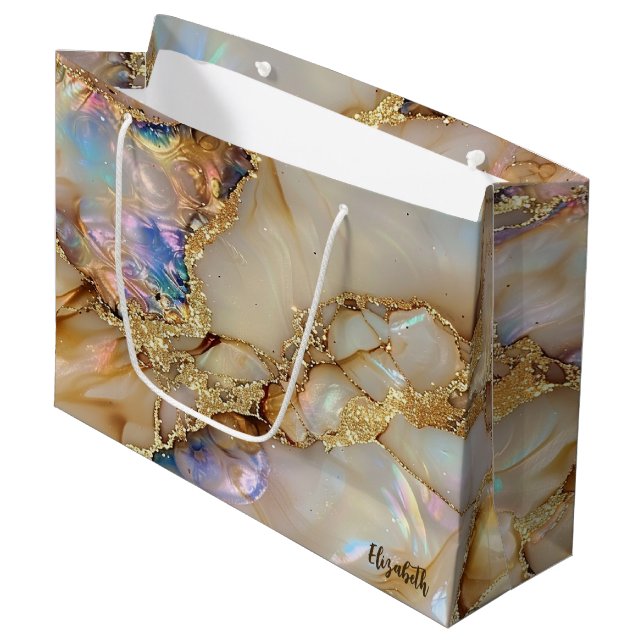Elegant Stylish Gold Glitter Colourful Marble Large Gift Bag (Front Angled)