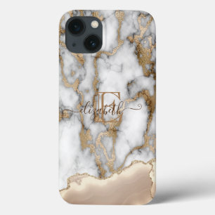 Elegant Stylish Gold Glitter Cream Marble Monogram iPhone 13 Case