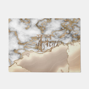 Elegant Stylish Gold Glitter Cream Marble Monogram Doormat