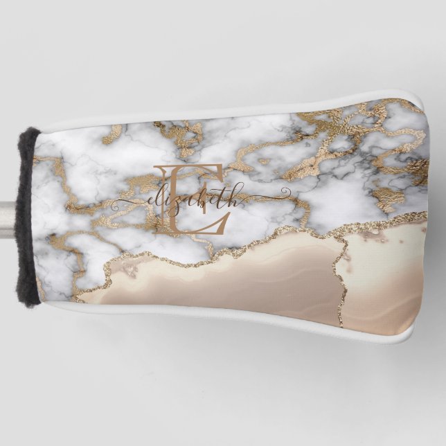 Elegant Stylish Gold Glitter Cream Marble Monogram Golf Head Cover (Front)