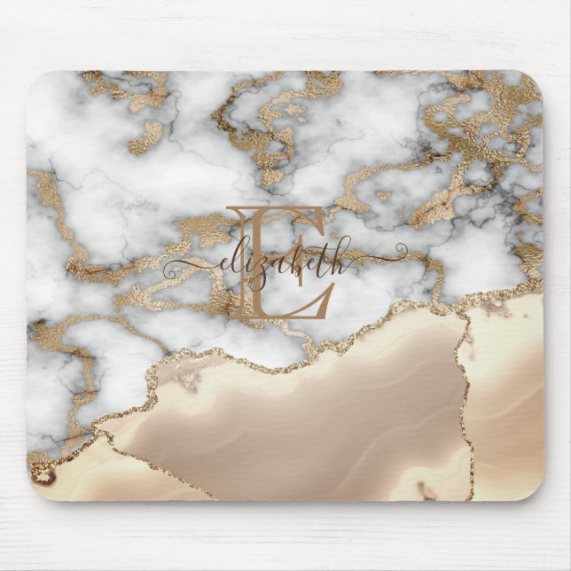 Elegant Stylish Gold Glitter Cream Marble Monogram Mouse Pad (Front)