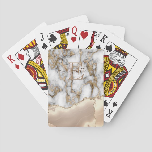Elegant Stylish Gold Glitter Cream Marble Monogram Playing Cards (Back)