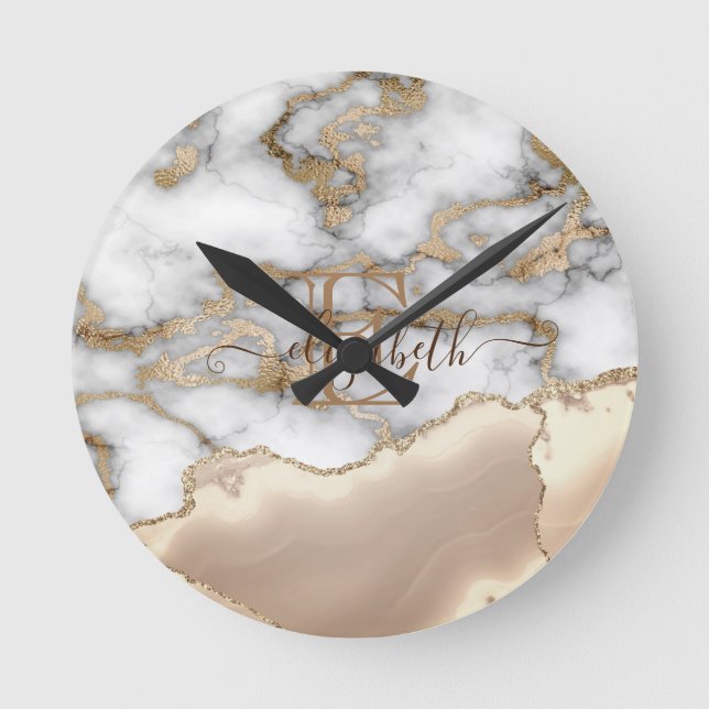 Elegant Stylish Gold Glitter Cream Marble Monogram Round Clock (Front)