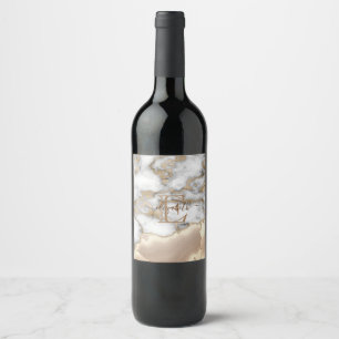 Elegant Stylish Gold Glitter Cream Marble Monogram Wine Label