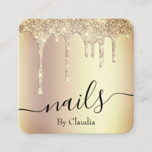 Elegant stylish gold glitter drips nails square business card