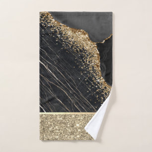 Elegant Stylish Gold Glitter Sequins Black Marble Bath Towel Set