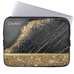 Elegant Stylish Gold Glitter Sequins Black Marble Laptop Sleeve