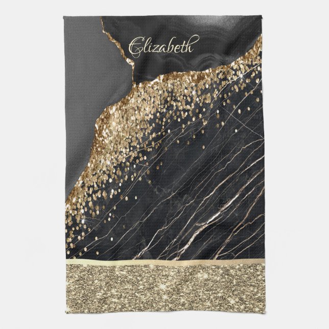Elegant Stylish Gold Glitter Sequins Black Marble  Tea Towel (Vertical)