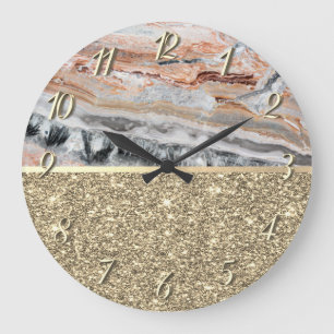 Elegant Stylish Gold Glitter Shiny Marble Stone Large Clock