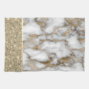 Elegant Stylish Gold Glitter Shiny White Marble  Tea Towel