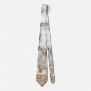 Elegant Stylish Gold Glitter Shiny White Marble  Tie