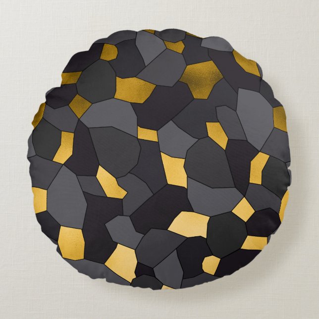 Elegant stylish gold grey and black mosaic round cushion (Front)