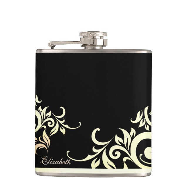 Elegant Stylish Gold Lace,Black -Personalised Hip Flask (Front)
