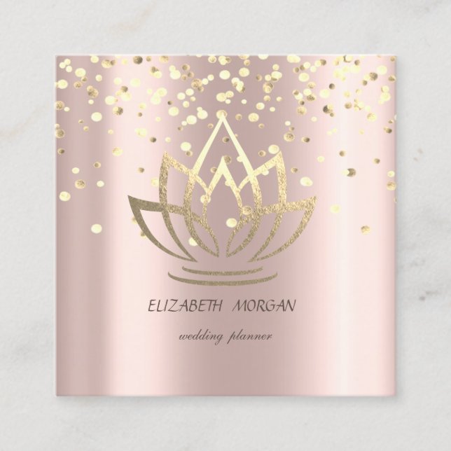 Elegant Stylish Gold Lotus,Confetti Rose Gold Square Business Card (Front)