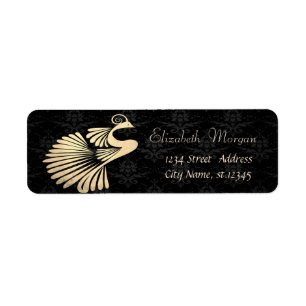 Elegant Stylish Gold Peacock , Black Damask Return Address Label