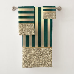 Elegant Stylish Gold Stripes Glitter,Green Bath Towel Set