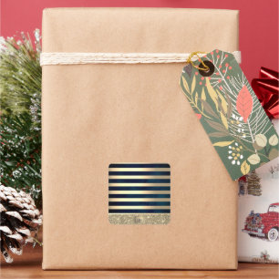 Elegant Stylish Gold Stripes Glitter,Navy Blue Square Sticker