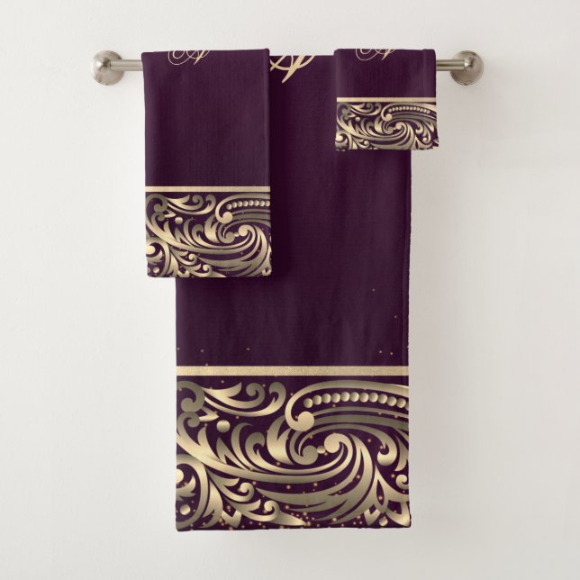 Elegant Stylish Gold Swirls Monogram Burgundy Bath Towel Set (Insitu)