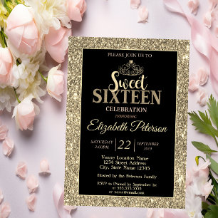Elegant Stylish Gold Tiara,Glitter Sweet 16 Party Invitation