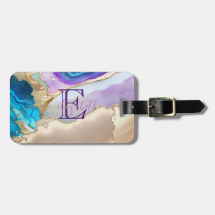 Elegant Stylish Gold Violet Blue Marble Monogram Luggage Tag