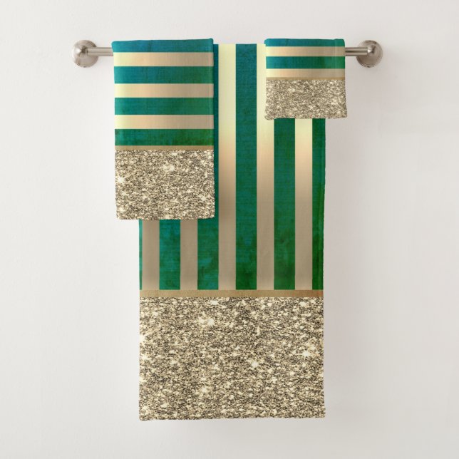 Elegant Stylish Green Gold Stripes Glitter Shiny Bath Towel Set (Insitu)