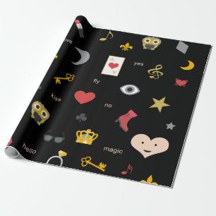 elegant stylish kisses, lips, hearts, owls, notes wrapping paper