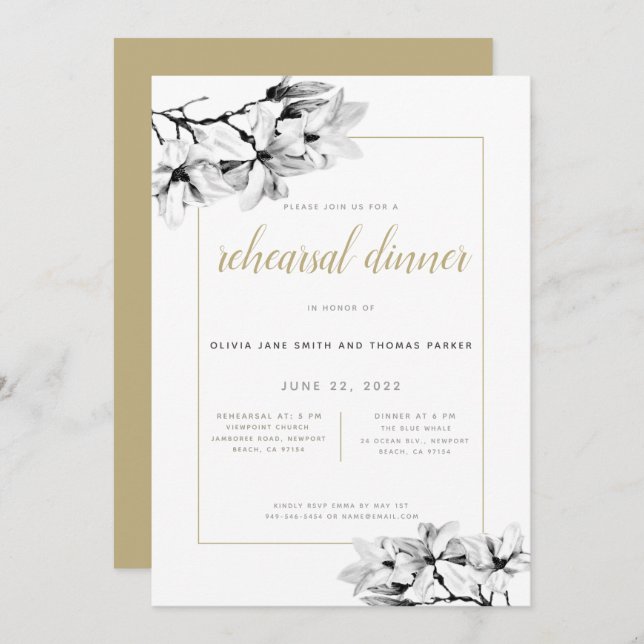 Elegant Stylish Magnolias Gold Rehearsal Dinner Invitation (Front/Back)