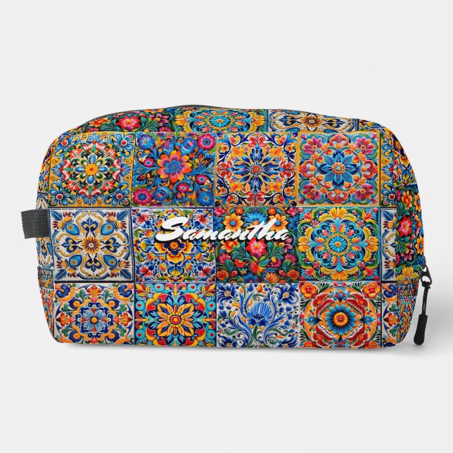 Elegant stylish Mexican talavera tiles monogram Dopp Kit (Front)