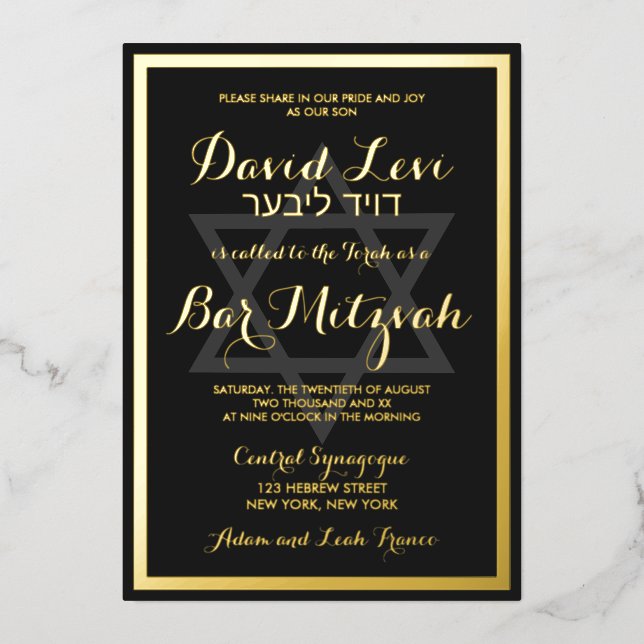 Elegant Stylish Modern Black Bar Mitzvah Real Gold (Front)