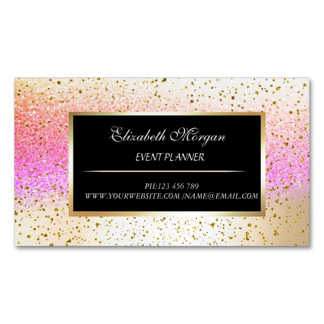 Elegant Stylish Modern Gold Confetti,Bokeh Frame Magnetic Business Card (Front)