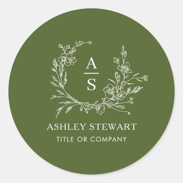 Elegant Stylish Monogram Logo Modern Moss Green Classic Round Sticker (Front)
