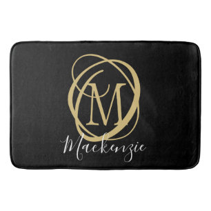 Elegant Stylish Monogram Script Name Black Gold Bath Mat