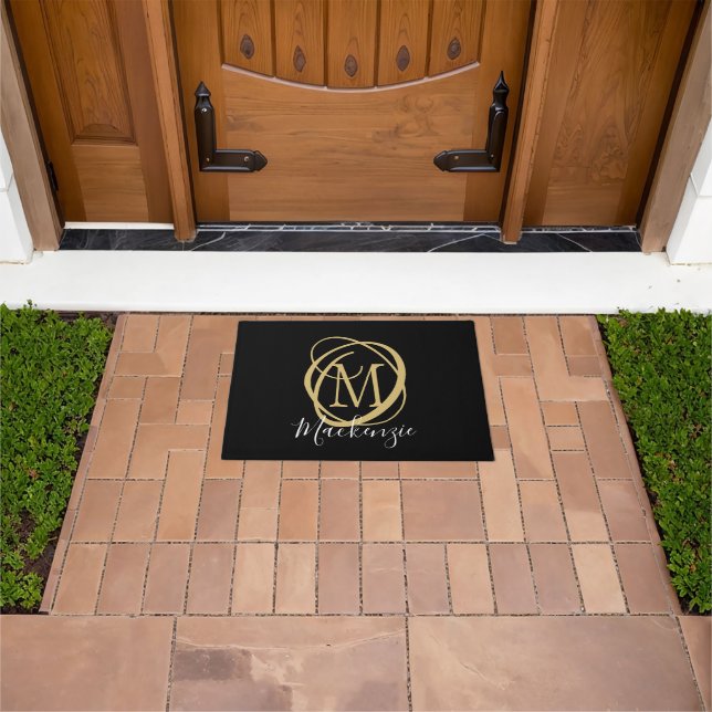 Elegant Stylish Monogram Script Name Black Gold Doormat (Outdoor)