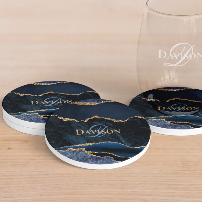 Elegant Stylish Navy Blue Gold Agate Monogram Coaster (Creator Uploaded)