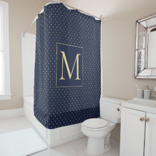 Elegant Stylish Navy Blue Gold Polka Dots Monogram Shower Curtain