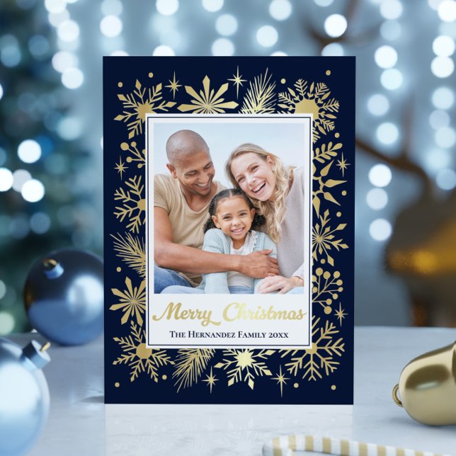 Elegant Stylish Navy Snowflake Family Photo Foil Holiday Card (Elegant Stylish Navy Snowflake Family Photo Foil Holiday Card)