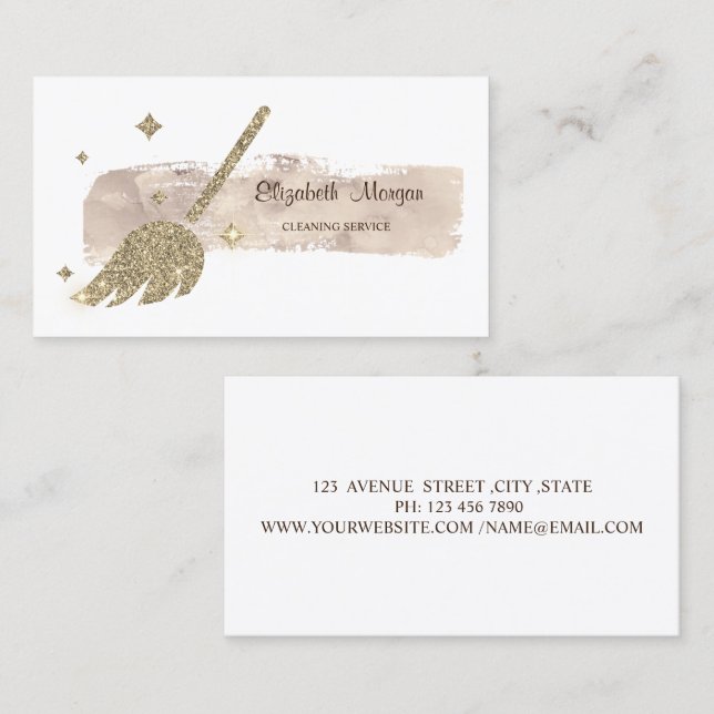 Elegant Stylish Paint Stroke Gold Glitter Broom Business Card (Front/Back)